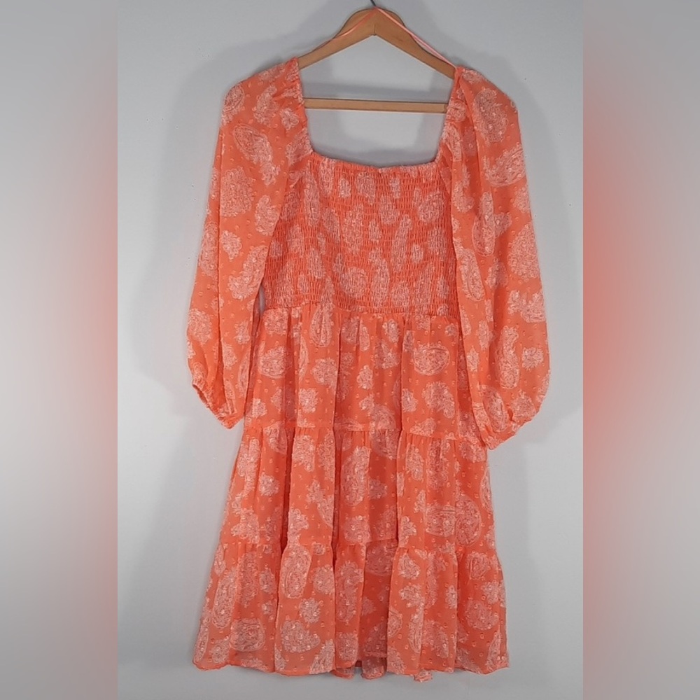 Skies Are Blue Tiered Smocked Bodice Babydoll A-Line Mini Dress SZ M Coral - Picture 7 of 12
